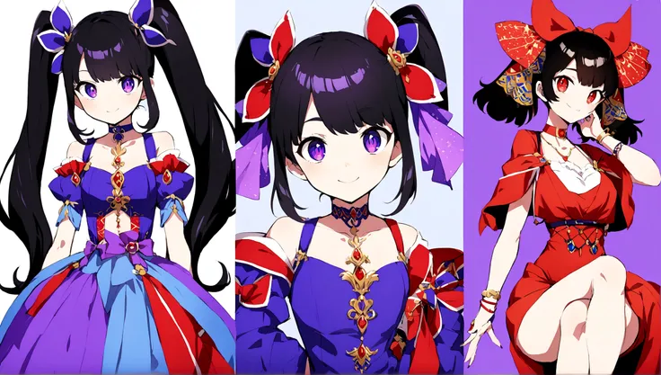 anime-style character with distinct features. The character has long, black hair tied into twin tails with large red ribbons on each side. The eyes are bright red and highly detailed, adding a captivating effect to the characters expression. She is smiling...