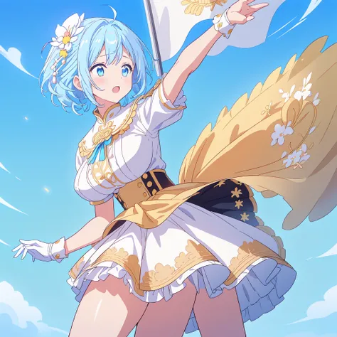 1girl、Dynamic composition、marching band、(((Masterpiece、Highest quality、Official Art、Super detailed、Handsome face、Dynamic composition)))、Anime Style、(Milky white and blue hair:1.3),(blue eyes:1.4),(Bright colors:1.4),((麻の葉background:1.3)),, marching bandのユニ...