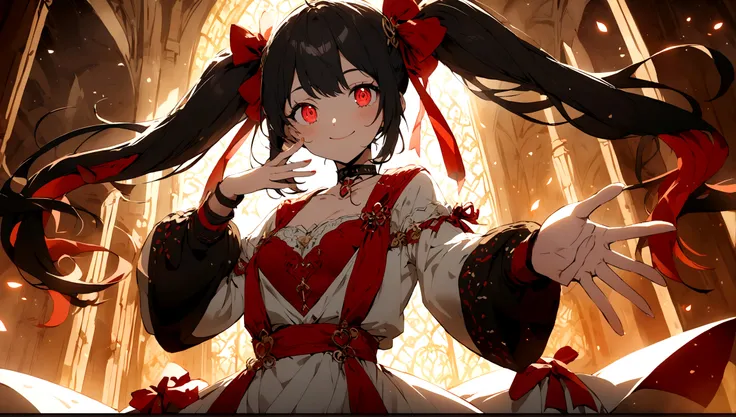 anime-style character with distinct features. The character has long, black hair tied into twin tails with large red ribbons on each side. The eyes are bright red and highly detailed, adding a captivating effect to the characters expression. She is smiling...