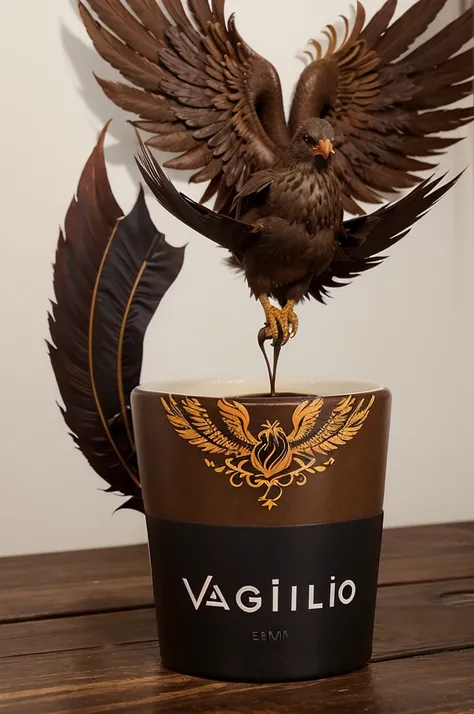 Design a simple, elegant, and memorable 2D logo for Vasilio Coffee in PNG format. The logo should feature elements of coffee, leaves, and a Phoenix bird, with dark, sharp colors like coffee or bright, creamy colors. Include the name Vasilio Coffee at the t...