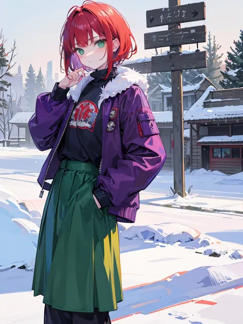 , green eyes, short curry wavy bobs red hair, bangs.  wear purple black jacket. background in snow field. kid. not smiling, indifferent. arrogant, thug, winter. snowfall