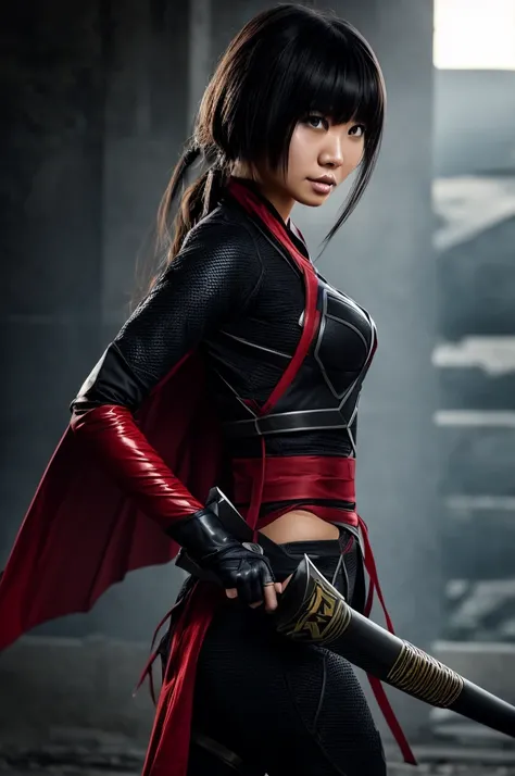 superhero, modern super hero costume, ninja, with a katana, Beautiful Chinese woman, Chinese woman with bangs, courageous character, Kind, Brave, on the battlefield