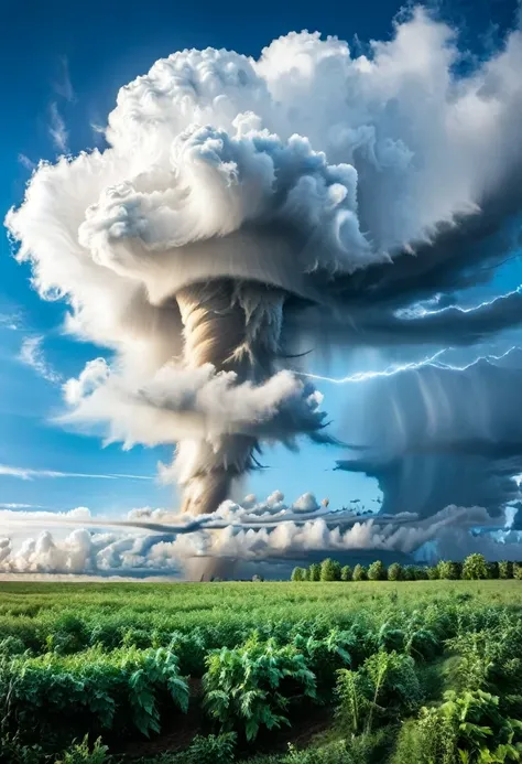 a huge tornado appears in the blue sky、overwhelm the surrounding clouds。this natural phenomenon is、with its power and beauty,々su...