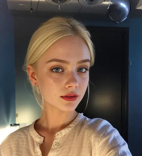 arafed woman with blonde hair and blue eyes in a kitchen., elle fanning), , elle fanning, sidney sweeney, without makeup, very p...