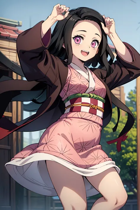 (masterpiece:1.3), (best quality:1.1), (8k, ultra detailed, ultra high res:1.2), ((anime style)), detail perfect 5 fingers, perfect anatomy, 
1girl,
Kamado Nezuko, 
BREAK long hair, wavy hair,  forehead
black hair, 
pink eyes, 
ribbon, 
small breasts,  
BR...