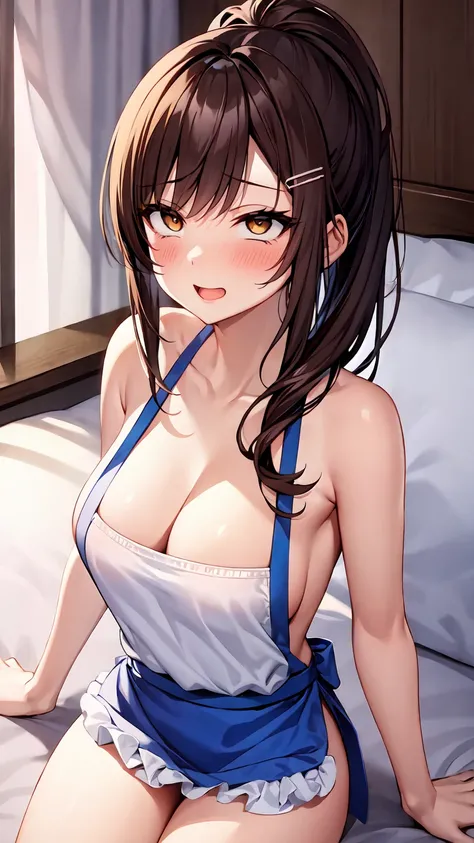 1girl, solo, hair ornament, (naked:1.3), (white apron), large breasts, cleavage, thighs, bedroom background, (blushing:1.3), naga, brown hair, ponytail, golden eyes, dark skin, gal, naga, lewd, sexy pose, she wants sex, sexy, attractive woman, on the bed, ...