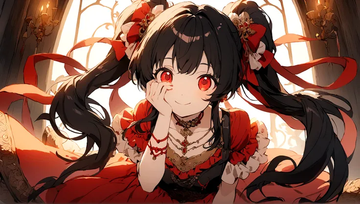 an anime-style character with distinct features. The character has long, black hair tied into twin tails with large red ribbons on each side. The eyes are bright red and highly detailed, adding a captivating effect to the characters expression. She is smil...