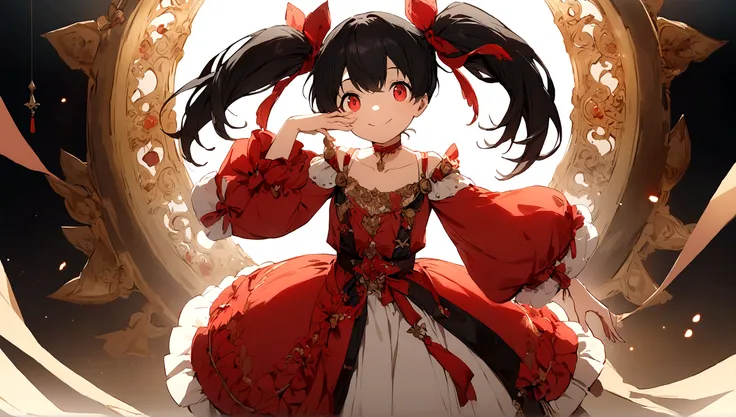 an anime-style character with distinct features. The character has long, black hair tied into twin tails with large red ribbons on each side. The eyes are bright red and highly detailed, adding a captivating effect to the characters expression. She is smil...