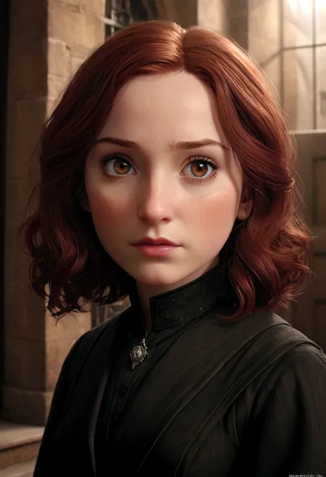 a young dark-haired dark-eyed red-haired daughter (9) of severus snape living in an orphanage, waiting at the main entrance for the arrival of her unknown father, beautiful detailed eyes, beautiful detailed lips, extremely detailed eyes and face, long eyel...