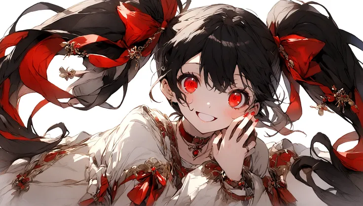 an anime-style character with distinct features. The character has long, black hair tied into twin tails with large red ribbons on each side. The eyes are bright red and highly detailed, adding a captivating effect to the characters expression. She is smil...