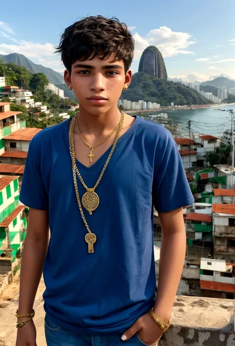 20 year old boy in Rio style with gold chain around his neck favela landscape