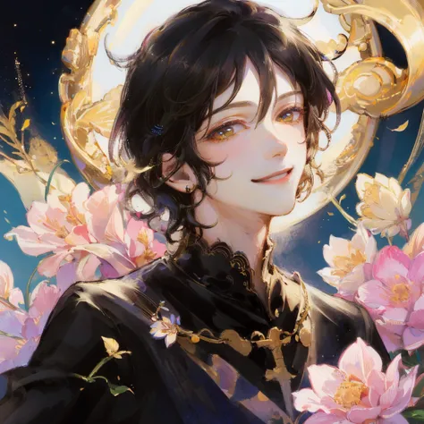 (muste piece), (highest quality), very detailed, (1 boy:1.4), concentrated，perfect face, beautiful face, very detailed顔，flower，butterfly々，flowerびら，Light，(smile:1.3)，(black haired boy:1.4)