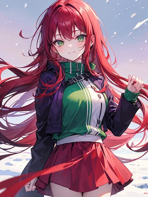 woman, green eyes, long curry wavy red hair, bangs.  wear purple black jacket. background in snow field florest. smiling, indifferent. arrogant, thug. snowfall. in florest at winter