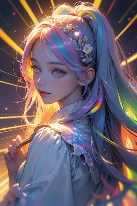 (masterpiece, Highest quality, Highest quality, beautifully、aesthetic:1.2）、Frontal face:1.5, (A woman facing forward), Very detailed,(Fractal Art:1.3),{{Rainbow Hair}},colorful, Most detailed, Perfect Face, Upper Body, High resolution,  Milky Way, (Streaks...