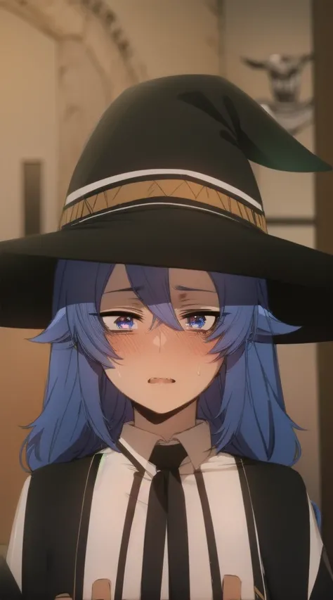 1girl,
BREAK ((twin braids, long hair, blue hair, blue eyes
white dress, neck ribbon, black ribbon, black skirt, witch hat, black hat:1))
BREAK ((flat chest,idol dress,flustered,blushing,red:1.5))
BREAK indoors,
BREAK looking at viewer, 
BREAK (masterpiece...