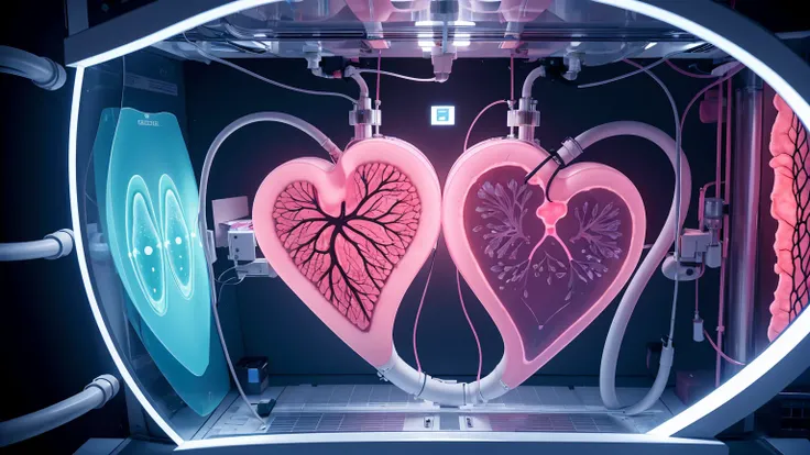 "Depict a high-tech lab where scientists are using stem cells to grow organs in transparent bioreactors. Show a close-up of a heart or liver forming from these cells, ready for transplantation. The scene transitions to a patient receiving a new, lab-grown ...