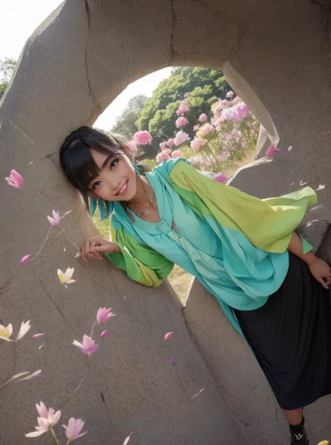 Stand in front of the photo、(masterpice), 1girl in,Full body,a short bob,long boots,Open mouth and big smile、kawaii pose、Flowing iridescent silk、up of face、Eye Up、Colorcon with heart pattern、Floral dress、There are flowers even in front of you、flower petals...