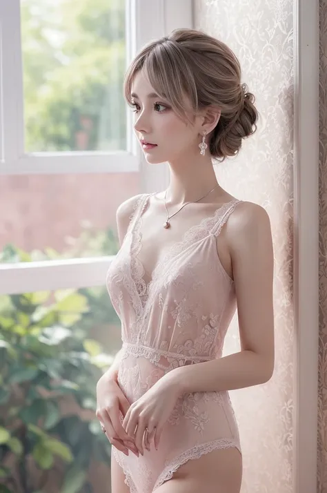 deep-pink lace thong&Good, (((Very elegant and beautiful, Perfect detail, Super detailed))), whole body, The most detailed girl, Depth of written boundary, 美しく詳細なwhole body, Thin legs, 1 girl, 30 years old, Very short hair, Spiked Hair, Gray and silver hai...