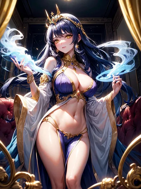 In an attic, a woman exudes an enchanting presence as the mystical genie. She possesses a captivating aura, with smoke swirling around her smoky figure, embellishing her shiny, indigo hair that cascades down to the floor. Her striking yellow eyes gleam wit...