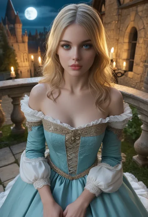 score_9, score_8_above, score_7_above, 1girl, realistic, blonde long hair with bangs, blue_eyes, realistic skin texture, detailed picture, upper_body, HD32k, royal_garden, medieval_castle, elegant_green_dress, off_shoulder_dress, moonlight, night, fullmoon...