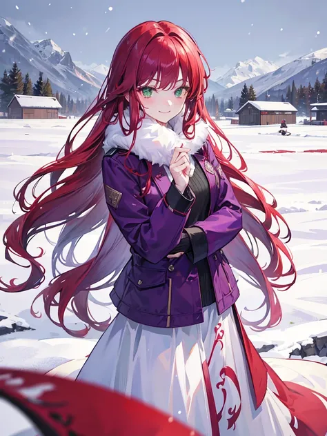 mature woman, green eyes, long curry wavy red hair, bangs.  wear purple black jacket. background in snow field florest. smiling, indifferent. arrogant, thug. snowfall. in florest at winter. playing snowball.