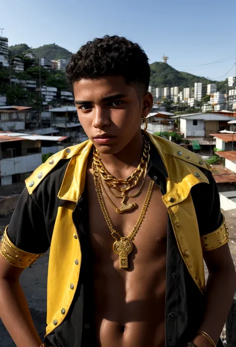 20-year-old boy in Paulista style with gold chain around his neck, favela landscape