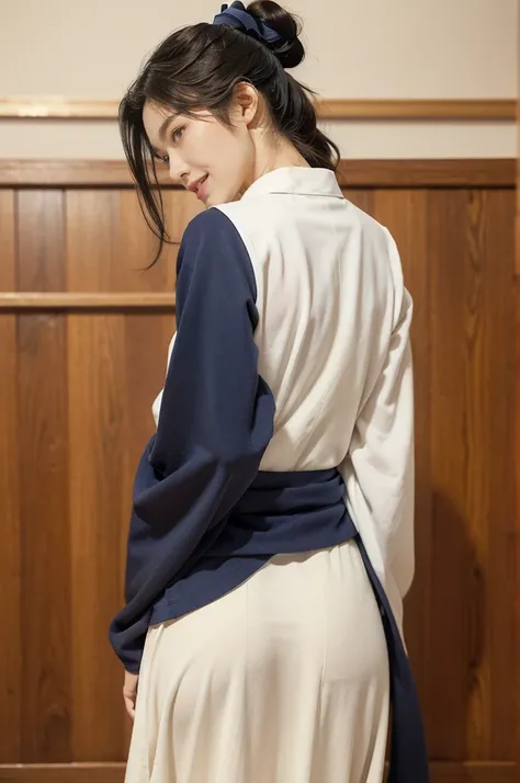 (((best quality))),(((ultra detailed))),(((masterpiece))),illustration,1girl,solo,short ponytail,slim,thin,((towering hips,butt crack)),white collar,white kendogi,three-quarter sleeves,maxi navy-blue kendo hakama,standing in kendo gym,focused and determine...