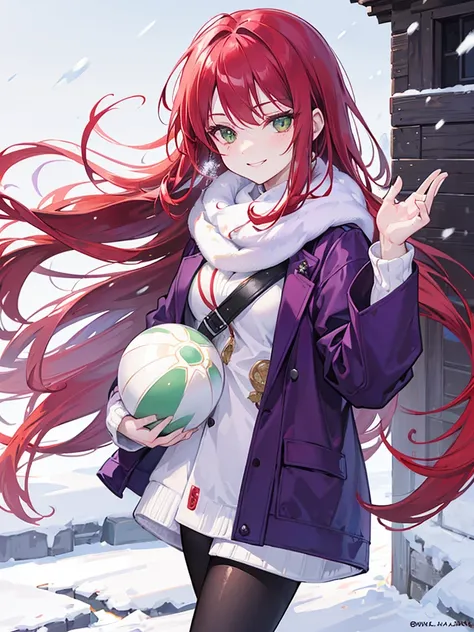 mature woman, green eyes, long curry wavy red hair, bangs.  wear purple black jacket. background in snow field florest. smiling, indifferent. arrogant, thug. snowfall. in florest at winter. playing snowball.