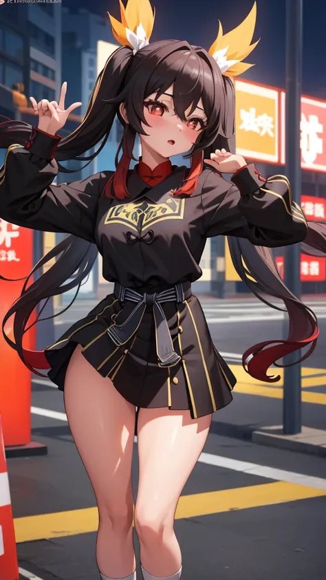 masterpiece, Highest quality, Hu Tao V4, One girl, alone, blush, Twin tails, Long Hair, Hair between the eyes, ((Streetwear)), city, Outdoor, night, Movie Posters, Extremely detailed 8K, Smooth, High resolution, super high quality, Cinema Lighting, Ambient...