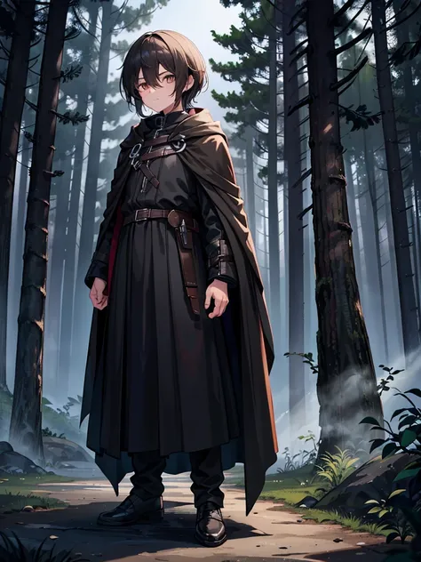 A young 14 year-old boy. He has warm brown eyes. His hair is a pitch black. He sports a flowing black cloak. He stands in the shadows of the dark forest around him. His face is masculine 