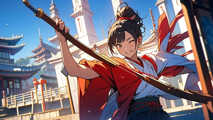 A Japanese witch holding a bow and arrow smiles at the camera in front of the temple，Anime style