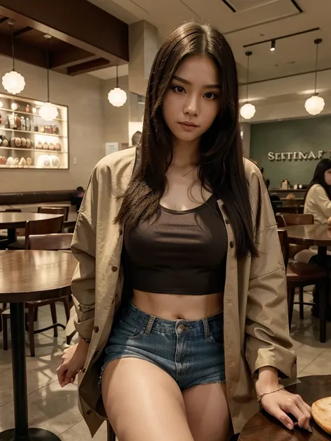 a beautiful woman with straight hair, wearing an open Korean jacket, On his chest you can see a circular dragon tattoo, mall cafe table background, 8K UHD picture, Realistic