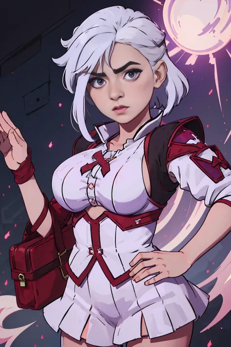 (best qualityer:0.8), perfect anime illustration, 1 girl, in front, gazing at viewer, NoelleHoliday, White hair, red short skirt, Red strappy sleeves, white blouse, purples eyes, big hair, medium breasts((she holding one of her breasts))