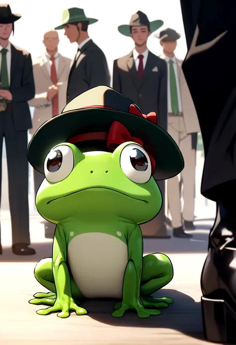 Tall, cute, bipedal green and white frog with black eyes, black cowboy hat, green hat tie, red bow tie.