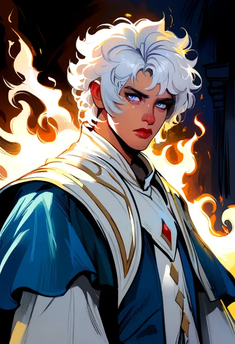 short white haired cleric costume, young adult boy, dungeons and dragons style, realisitic, light power, 80s dark fantasy, Tired eyes, blue colored eyes, blazing holy light