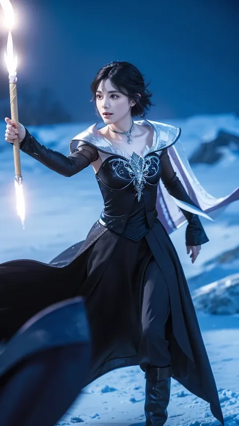 short black haired mystical looking woman casting magic in a battle in a frozen wasteland