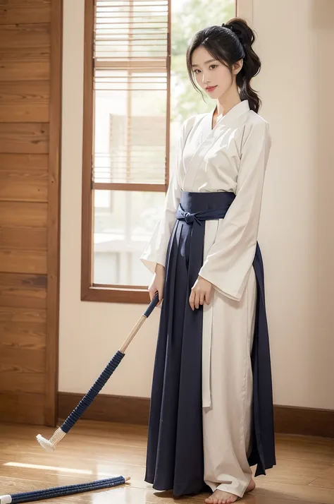 (((best quality))),(((ultra detailed))),(((masterpiece))),illustration,1girl,solo,short ponytail,slim,thin,small breasts,flat chest,white collar,white kendogi,three-quarter sleeves,maxi navy-blue kendo hakama,slender legs,standing in kendo gym,arms behind ...