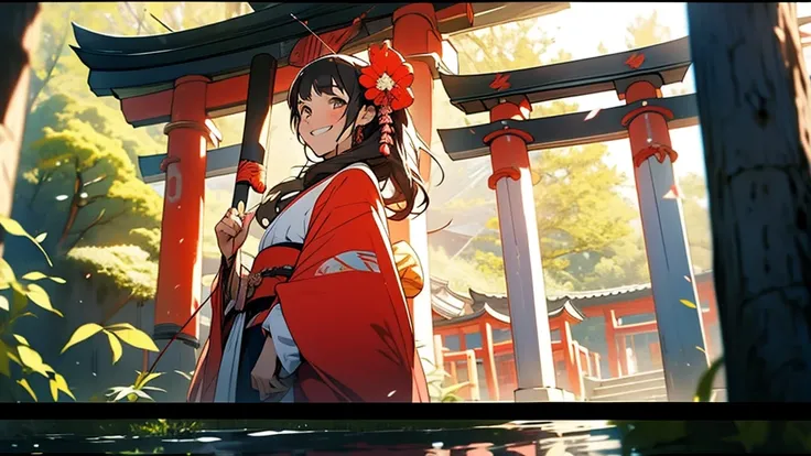 A quiet Japanese shrine maiden holding a bow and arrow smiling at the camera in front of the temple，Anime style