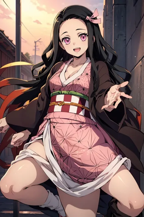 (masterpiece:1.3), (best quality:1.1), (8k, ultra detailed, ultra high res:1.2), ((anime style)), detail perfect 5 fingers, perfect anatomy, 
1girl,
Kamado Nezuko, 
BREAK long hair, wavy hair, forehead
black hair, 
pink eyes, 
ribbon, 
small breasts,  
BRE...