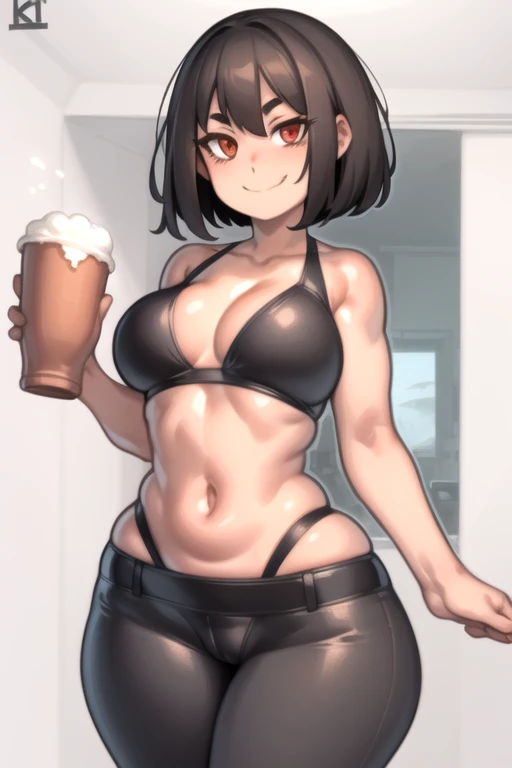 Curvy body, 1 girl, standing alone, chestnut hair, smile, looking to the down, swimsuit, Eyes red, cups, detailed , pants, waist belt, thick thighs, short hair, Black hair, KelvinHiuArtist hair ,flat-colors, ,outline,