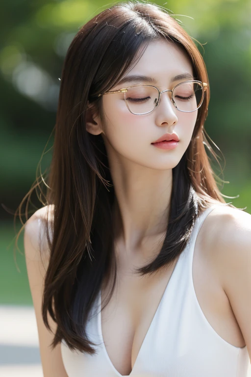 highest quality、masterpiece、high sensitivity、high resolution、detailed description、slender women、slim body、glasses、eyes closed、le...