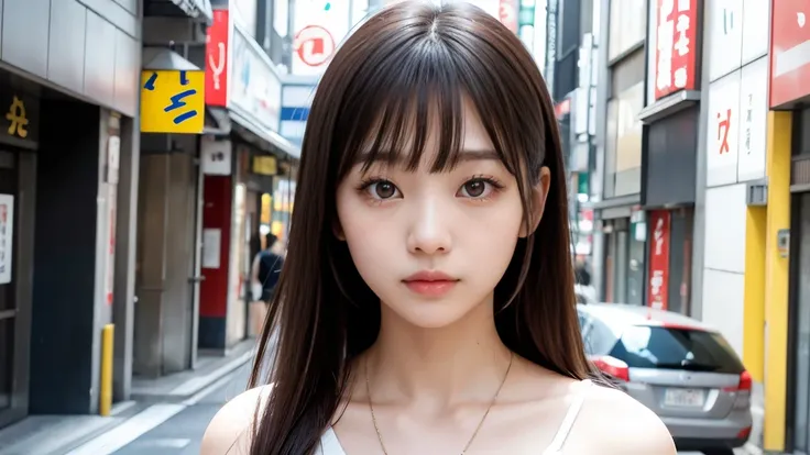 beautiful Japanese woman,double eyelid,clear skin,round face,long face,Swept bangs,in the tokyo,short by DSLR,Adoravle 18 years old,head shot,from front,long hair