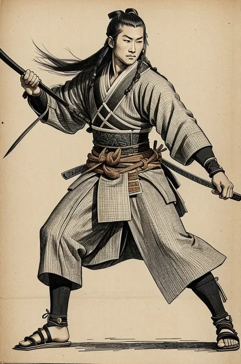 A line drawing of a samurai with long, tied hair drawing a sword, wearing long-sleeved clothing, turning to the side, and wearing sandals.