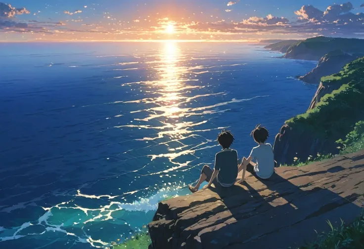 Couple sitting on a cliff looking out to sea, Paintings by Makoto Shinkai, Topics on pixiv, Conceptual Art, sakimichan and makoto shinkai, yusuke murata and makoto shinkai, makoto shinkai. —h 2160, Ross Tran and Makoto Shinkai, Guweiz and Makoto Shinkai、A ...