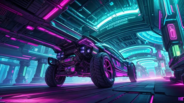 A highly detailed, surreal cyberpunk landscape with glowing, neon-colored futuristic plant-like structures, intricate mechanical details, holographic elements, dynamic lighting, cinematic composition, vibrant colors, dramatic shadows and highlights, a sens...