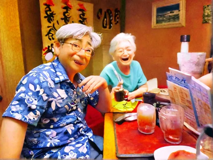 there are two women sitting at a table with food and drinks