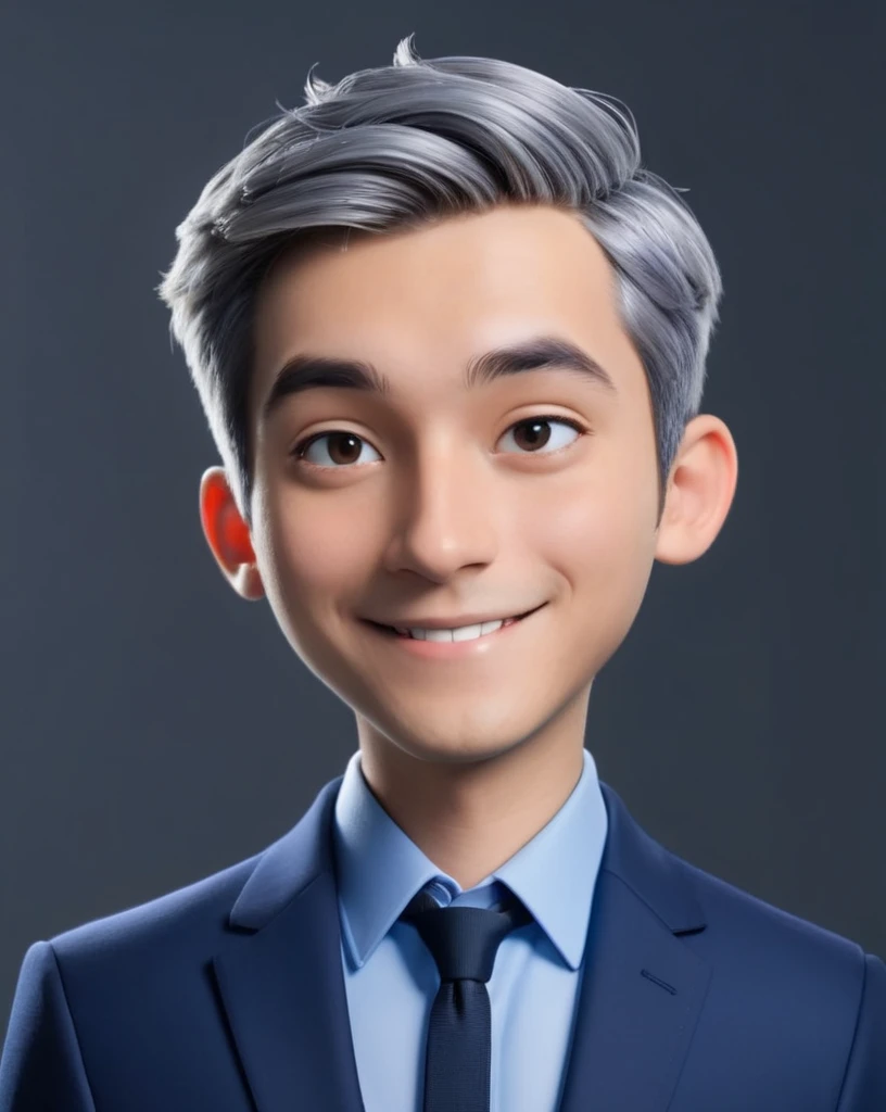 3d cartoon style, 20 years old man, short gray hair, little hair, in a dark blue suit and light blue shirt, no tie, smiling at the camera, foto perfil, commercial shot., face is brightly lit