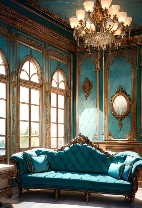 Close-up of a sofa in a room with a window Beautiful interior　Sense of luxury　tiffany blue wallpaper　Italian aristocratic interior