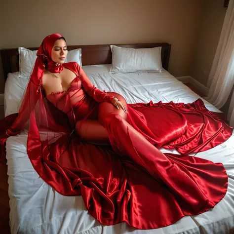 a woman in the translucent silk red gown, tight full body tied, satin sheet, nipple on with nipple piercing, wearing translucent veils, satin hijab, full body, long satin,mermaid tight long gown, flowy dramatic long gown, lying on satin, tall women, satin ...