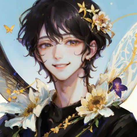 (muste piece), (highest quality), very detailed, (1 boy:1.4), concentrated，perfect face, beautiful face, very detailed顔，flower，butterfly々，flowerびら，Light，(smile:1.3)，(black haired boy:1.4)